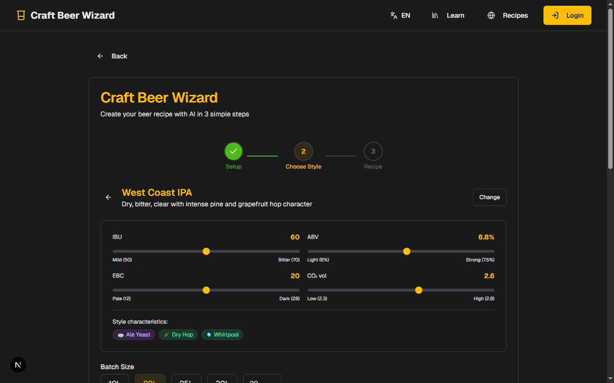 Bierstil gewählt mit IBU, ABV, EBC Schiebereglern