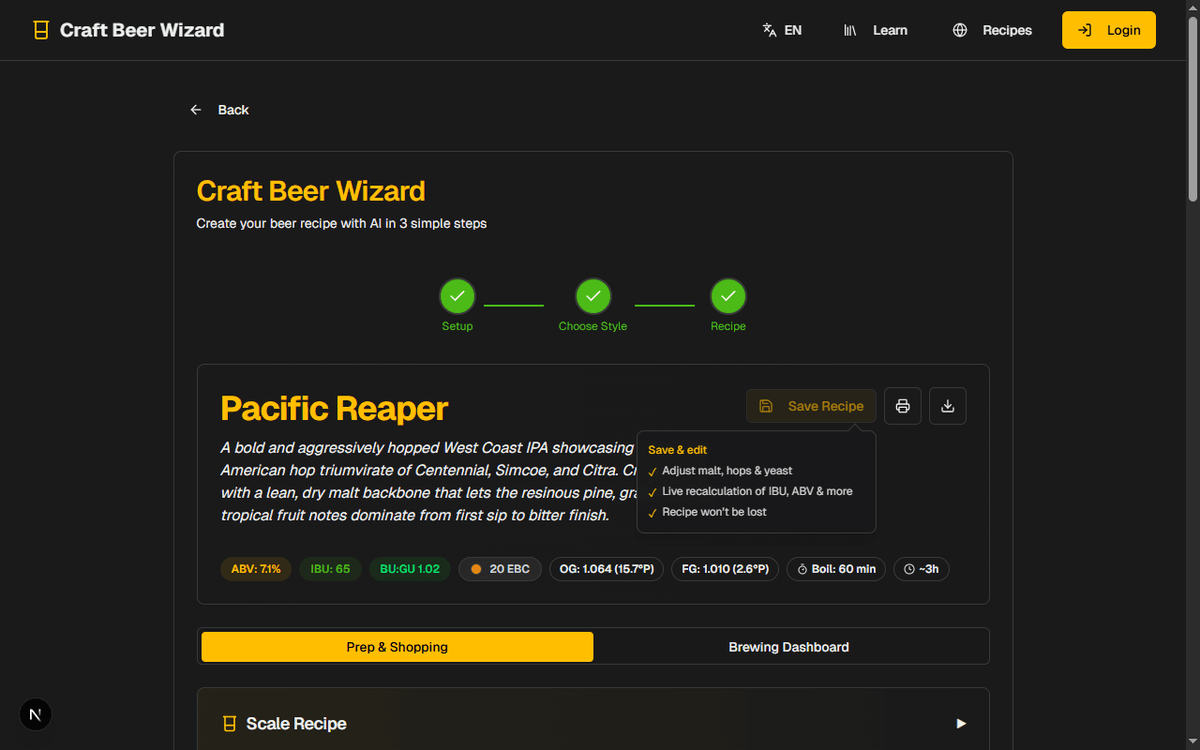 Generiertes Rezept mit Braudaten