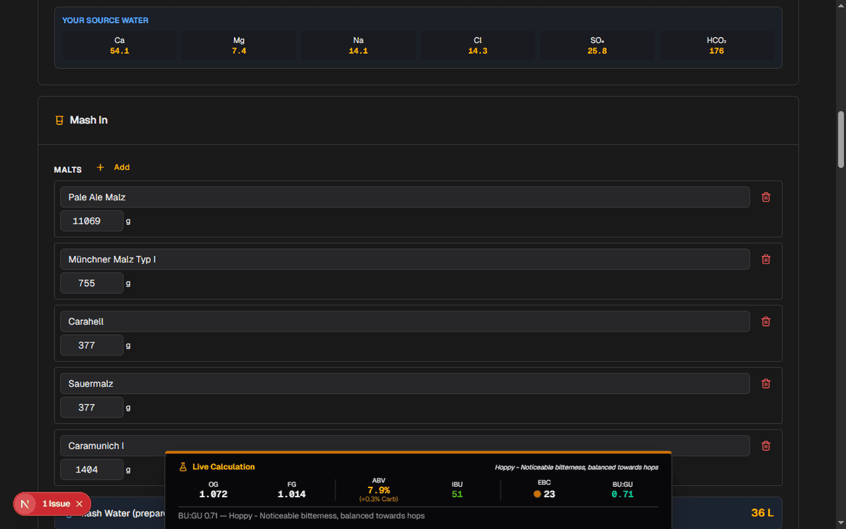 Rezepteditor mit editierbarer Malzschüttung und Live-Berechnung